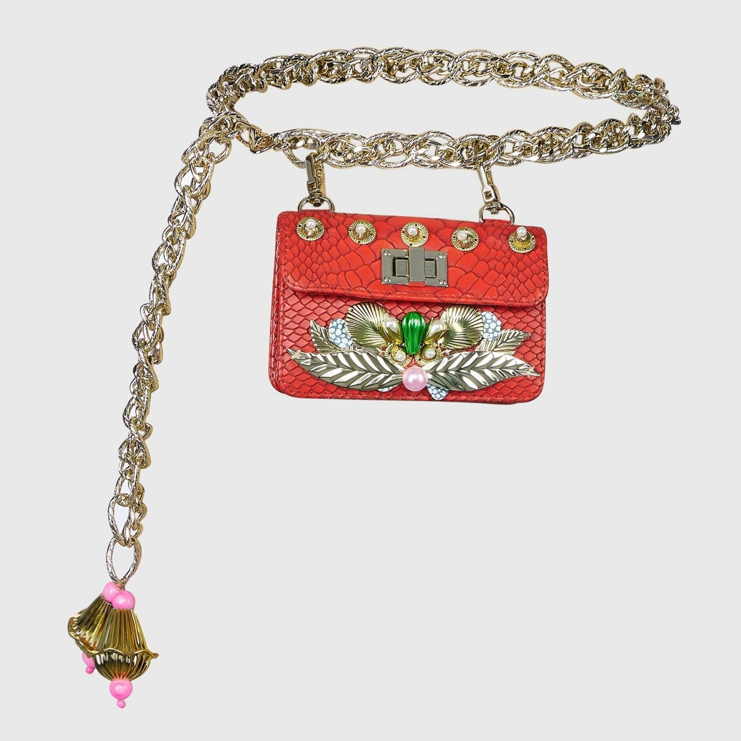 Red Chain Link Embellished belt bag