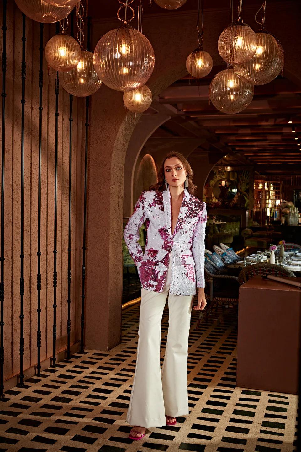 NOUBA SHADED PINK SEQUENCE BLAZER WITH LEATHER PANTS - The Couture by KJH