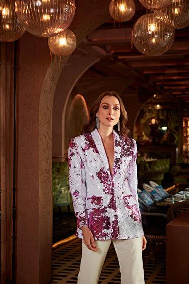 NOUBA SHADED PINK SEQUENCE BLAZER WITH LEATHER PANTS - The Couture by KJH
