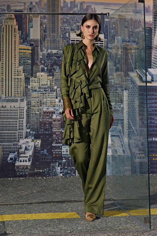 OLIVE-FRILL SHIRT CORD SET - The Couture by KJH