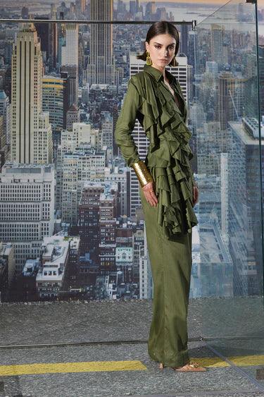 OLIVE-FRILL SHIRT CORD SET - The Couture by KJH