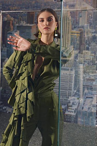 OLIVE-FRILL SHIRT CORD SET - The Couture by KJH