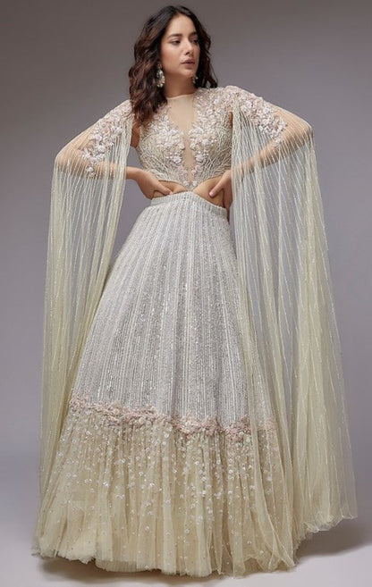 Ivory Net & Organza Embroidered Lehenga Set