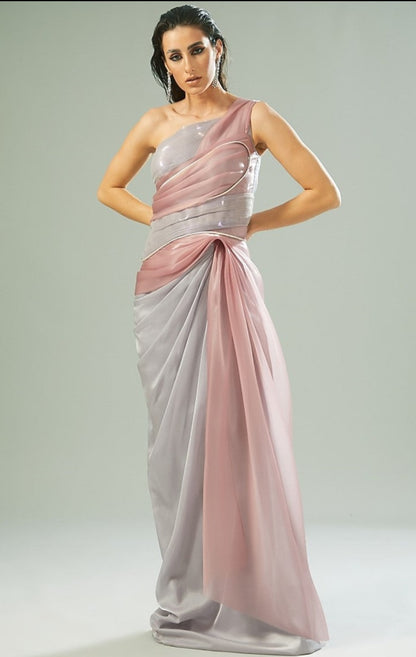 Silver Polymer Metallic & Organza Draped Gown