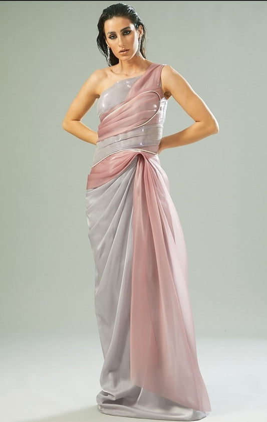 Silver Polymer Metallic & Organza Draped Gown