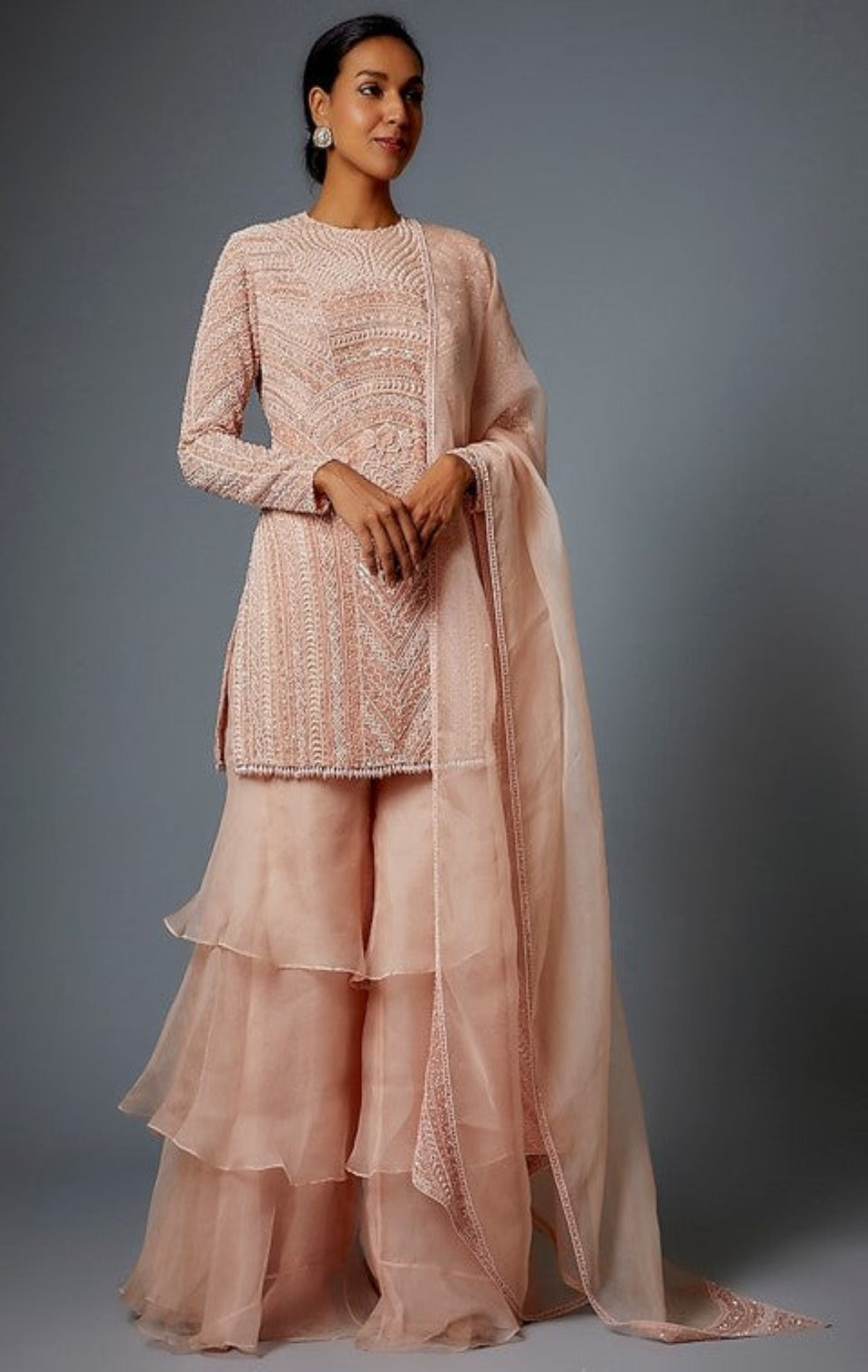 Peach Organza Layered Sharara Set