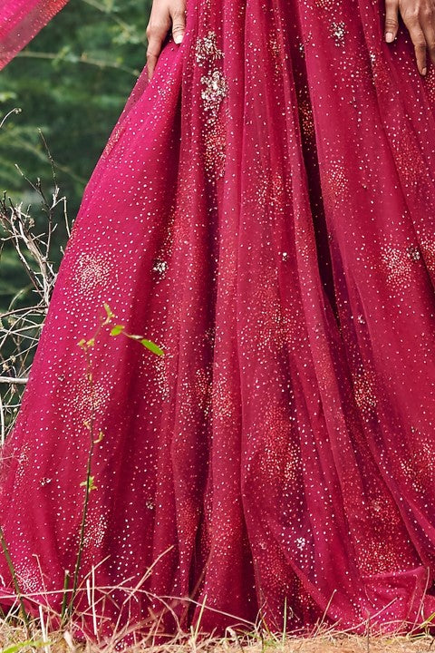 Cranberry Red Shimmer Tulle Lehenga Set