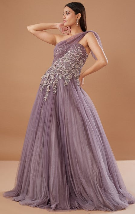 Mauve Organza Embroidered Gown