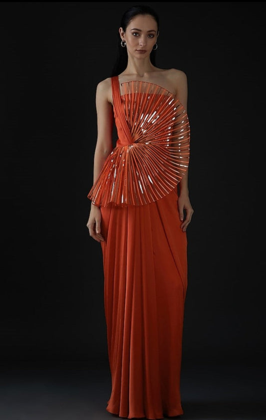 Orange Metallic & Chiffon Saree Gown