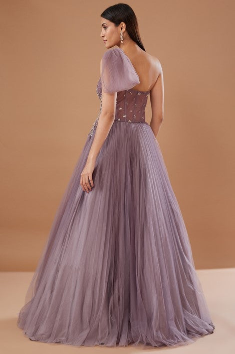 Mauve Organza Embroidered Gown