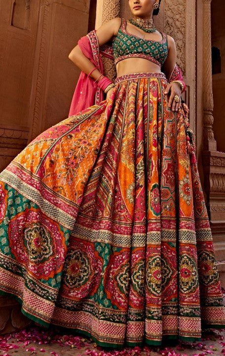 Orange artisanal print lehenga set