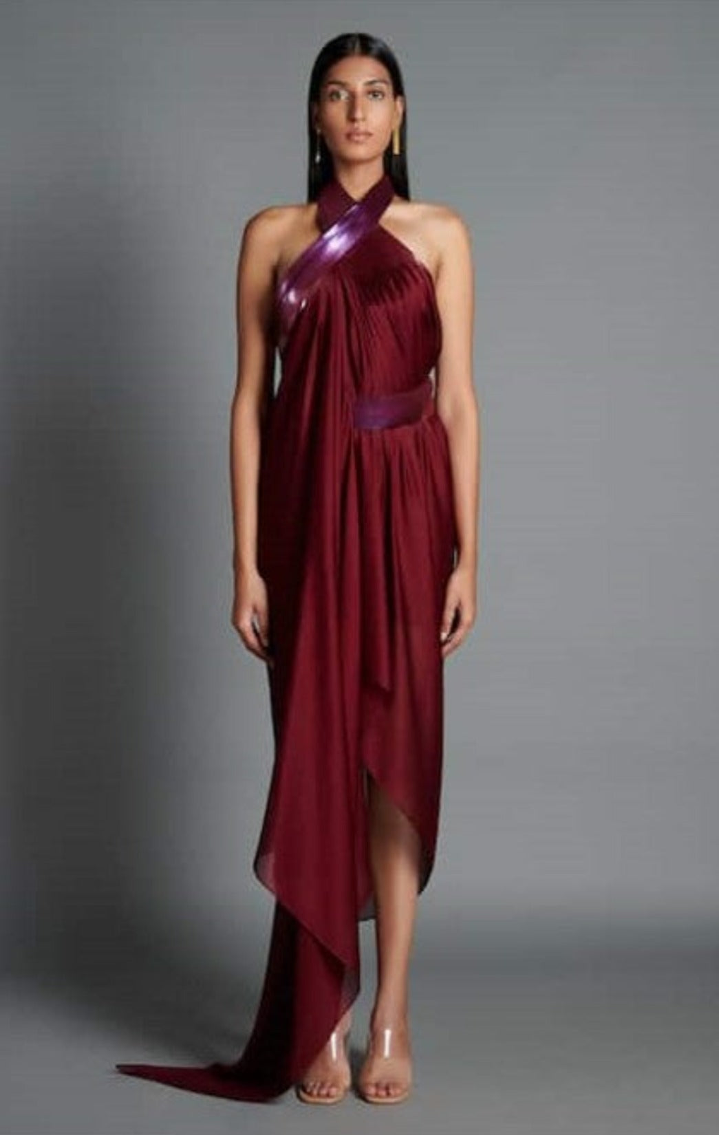 Maroon Crinkled Chiffon Embroidery Metallic Draped Backless Dress