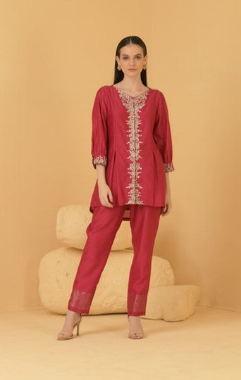 Fuschia Chanderi Long Top With Chanderi Pants