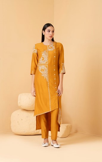 Mustard Chanderi Asymetrical Tunic With Chanderi Pants