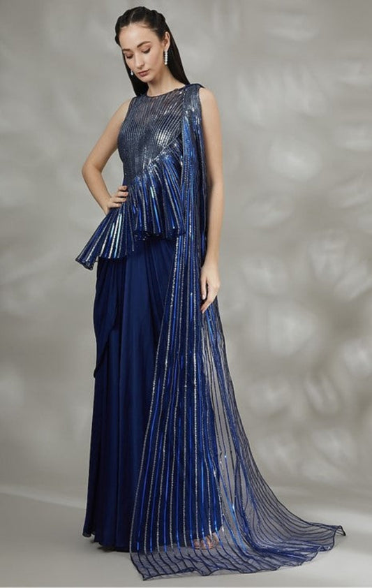 Ink Blue Embroidered Draped Gown