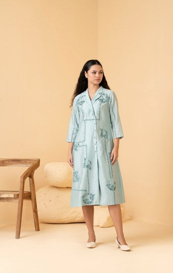 Powder Blue Chanderi Anti Fit Coat Collar Dress