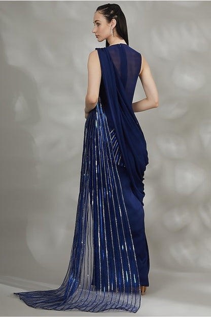 Ink Blue Embroidered Draped Gown