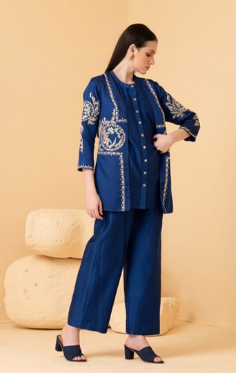 Blue Modal Satin Jacket With Chanderi Sleeveless Top And Chanderi Pants