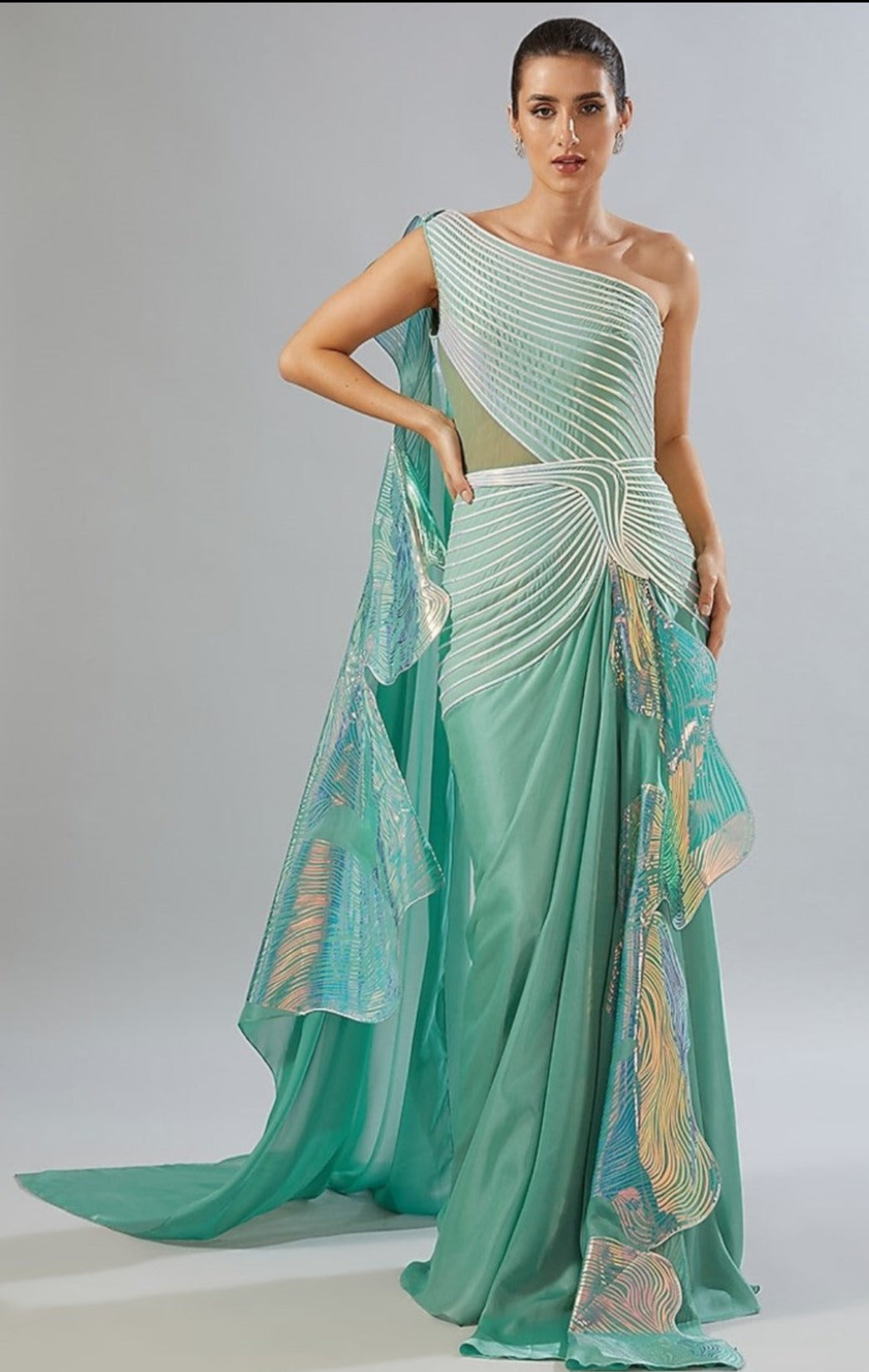 Blue Metallic Organza Draped Gown