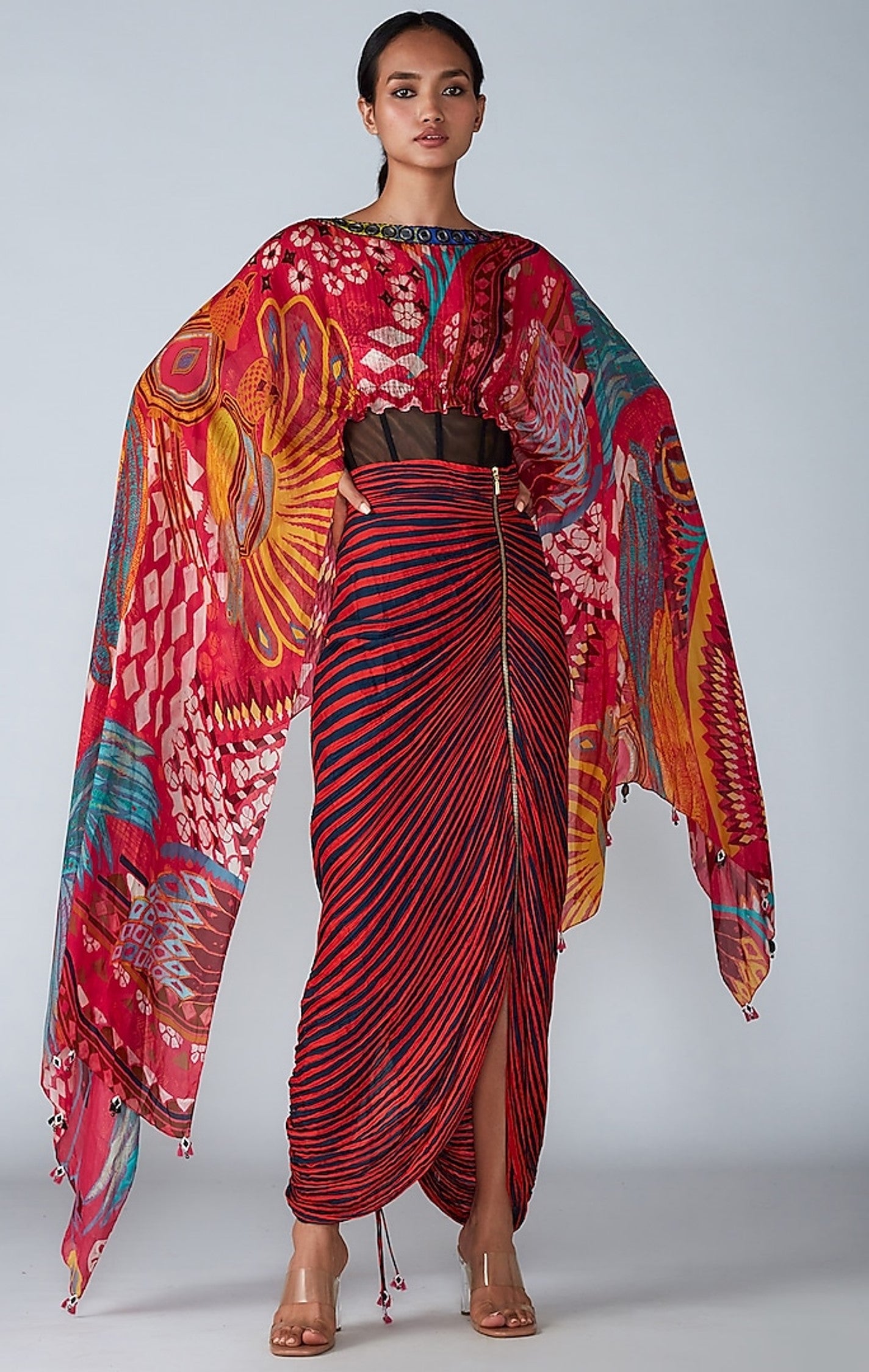 Multi-Colored Printed & Hand Embroidered Dupatta Cape Set