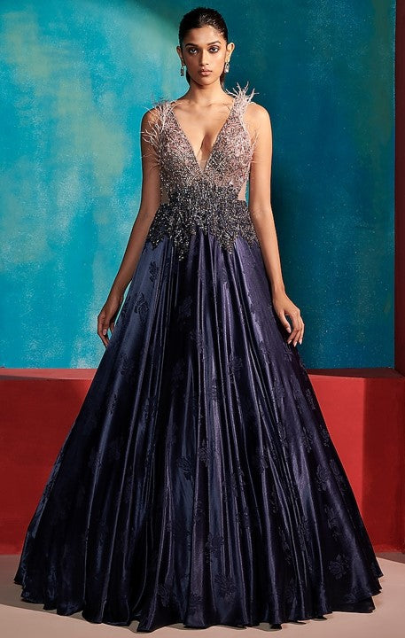 Blue Embroidered Ombre Gown