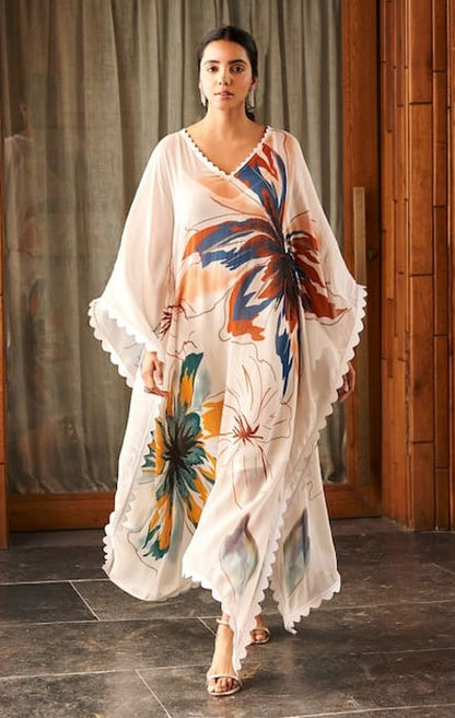 Ivory Georgette Printed Summer Flower V Neck Pattern Long Kaftan