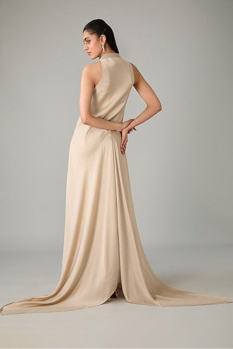 Champagne Metallic Polymer & Crepe Chiffon Dress