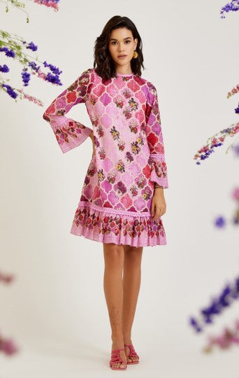 Pink Moroccan Print Pure Cotton Lurex A-Line Dress