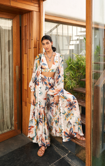 Summer Flower Ivory Sharara Set With Overlay