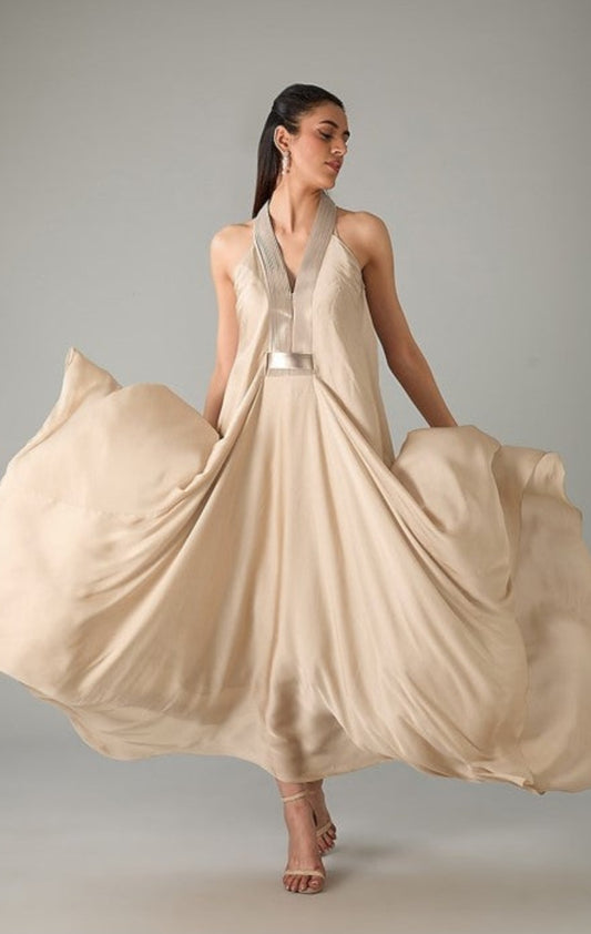 Champagne Metallic Polymer & Crepe Chiffon Dress