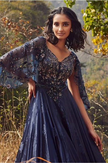 Blue Satin Embroidery V Neck Sloane Gown