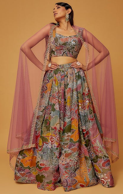 Green Organza Printed & Embellished Lehenga Set