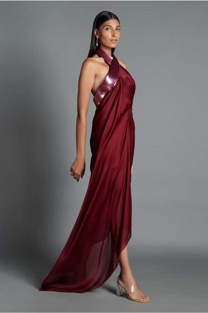 Maroon Crinkled Chiffon Embroidery Metallic Draped Backless Dress