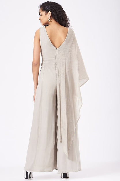 Beige Embroidered Pleated Jumpsuit