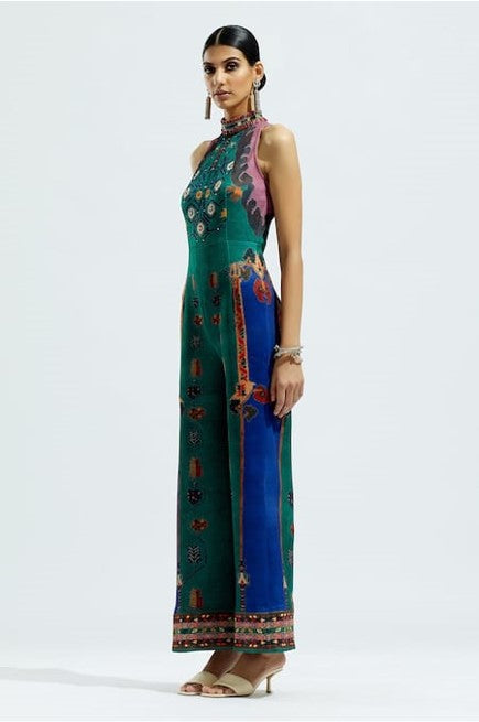 Green Silk Printed Geometric Band Rahini Sleeveless Jumpsuit