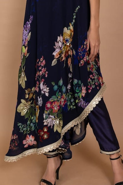 Blue Tunic Georgette Printed Floral Pattern One Shoulder And Pant Set