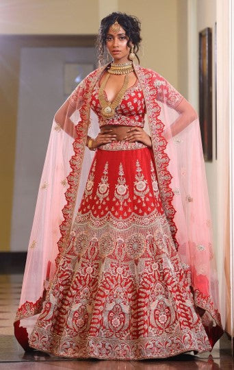 Red Lehenga And Blouse Dupion Silk Filigree Zardosi Bridal Set