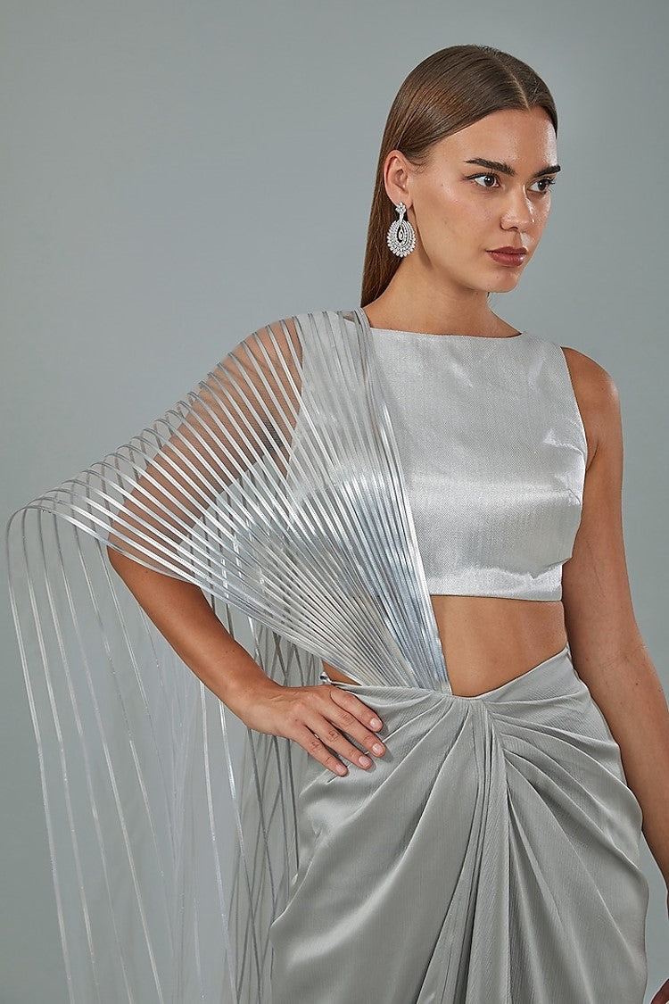 Grey Metallic Polymer & Chiffon Draped Skirt Set