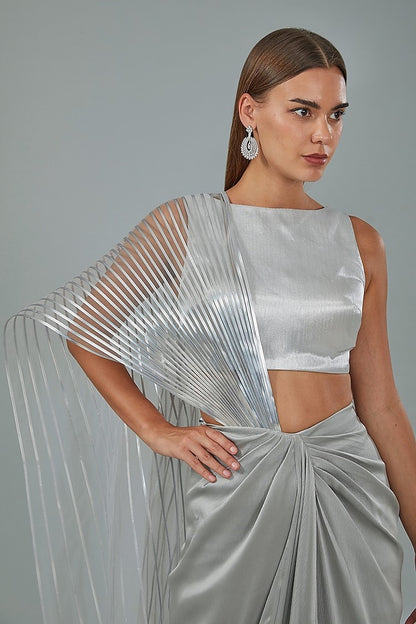 Grey Metallic Polymer & Chiffon Draped Skirt Set