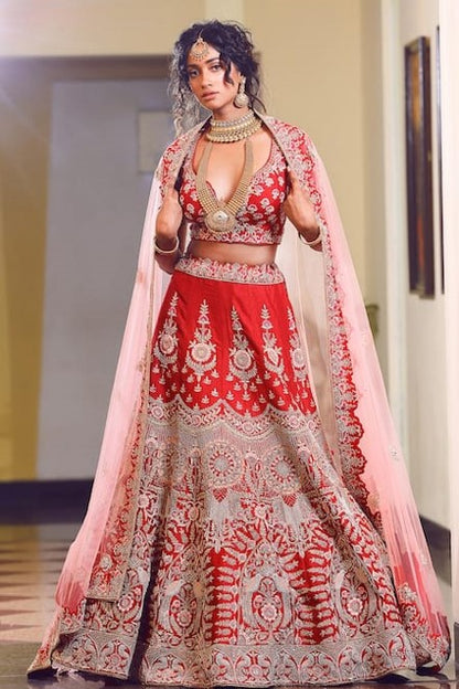 Red Lehenga And Blouse Dupion Silk Filigree Zardosi Bridal Set