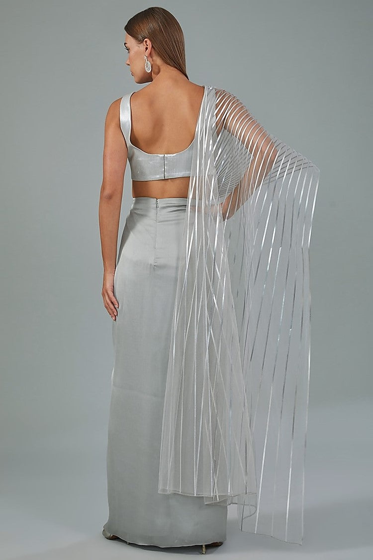 Grey Metallic Polymer & Chiffon Draped Skirt Set