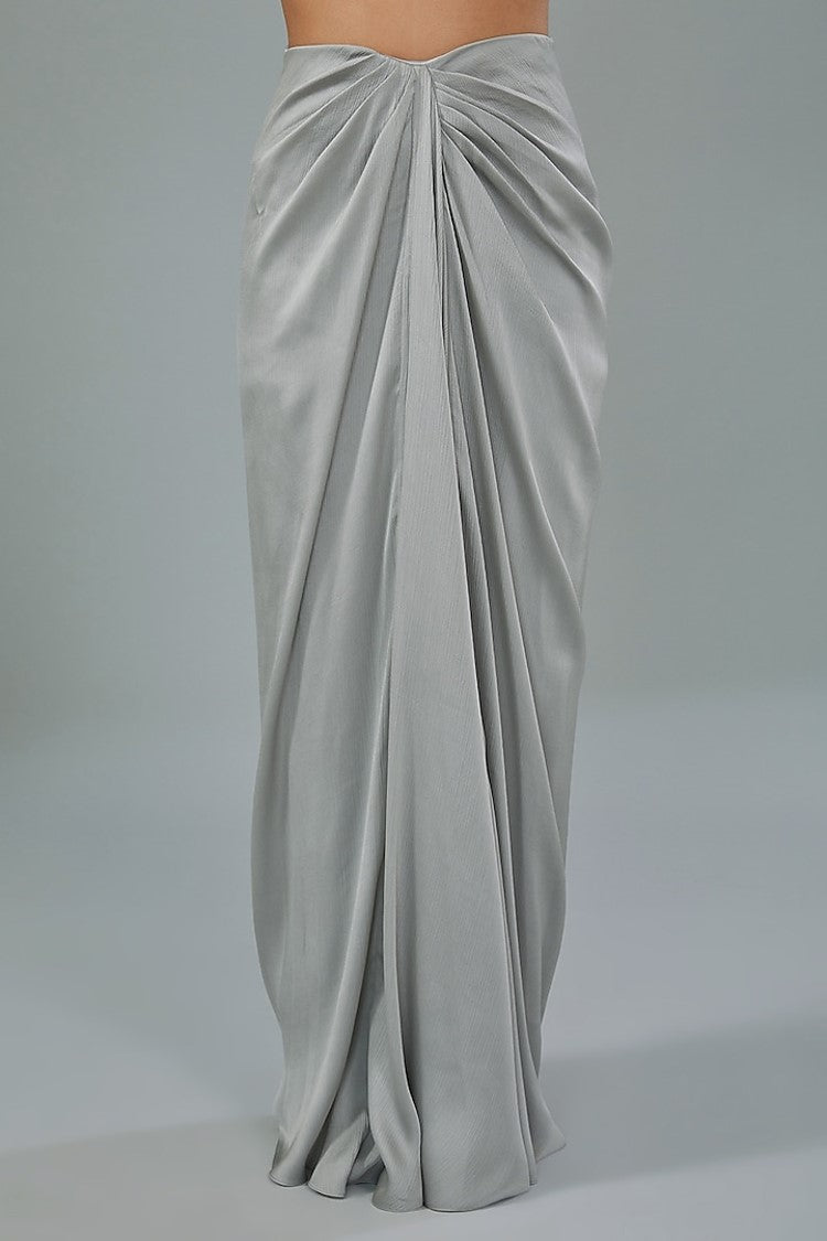 Grey Metallic Polymer & Chiffon Draped Skirt Set