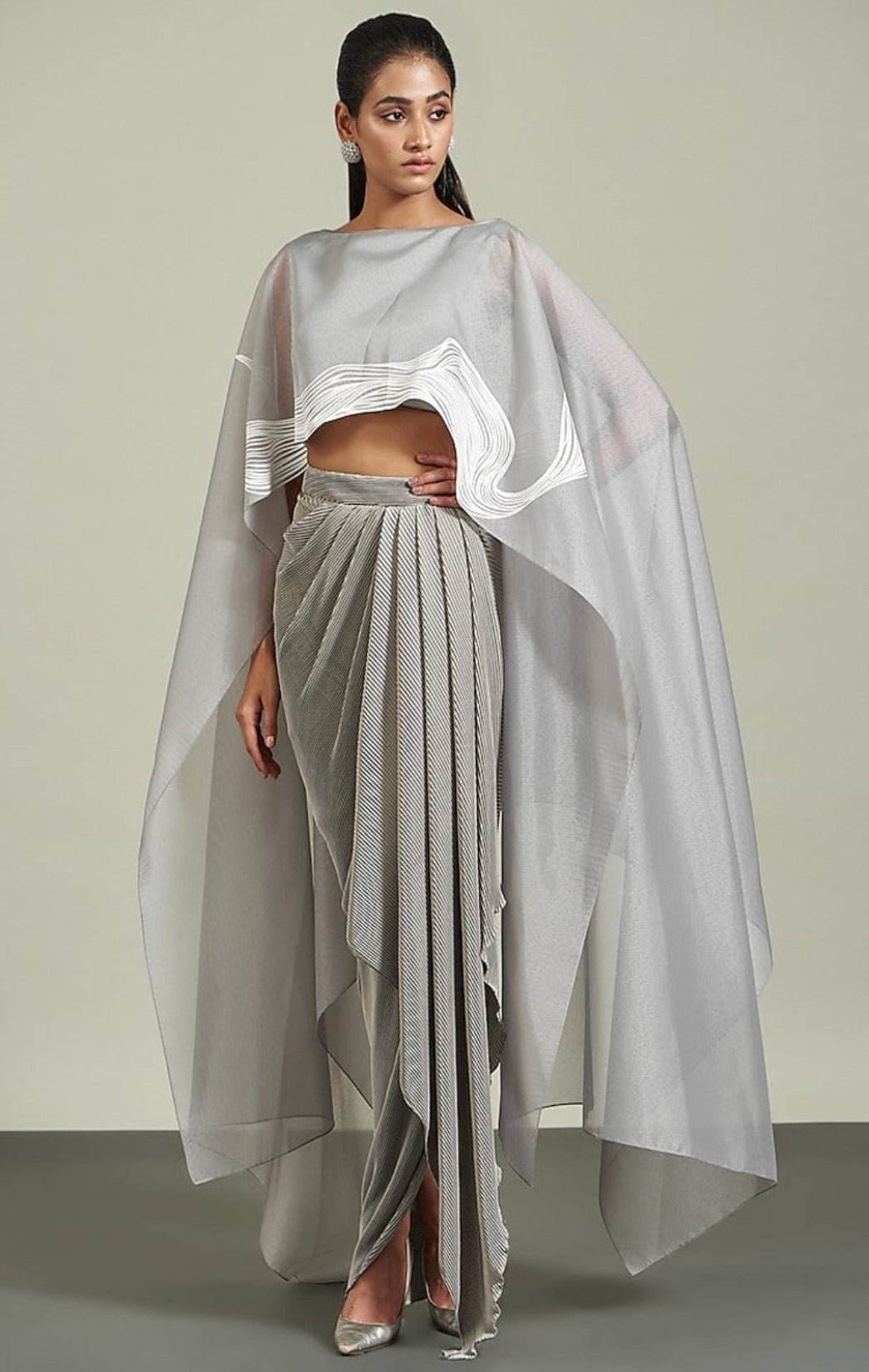 Grey Organza Draped Skirt Set