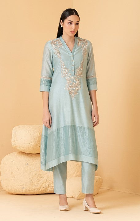 Blue Chanderi Floral Embroidered Asymmetric Tunic With Pant