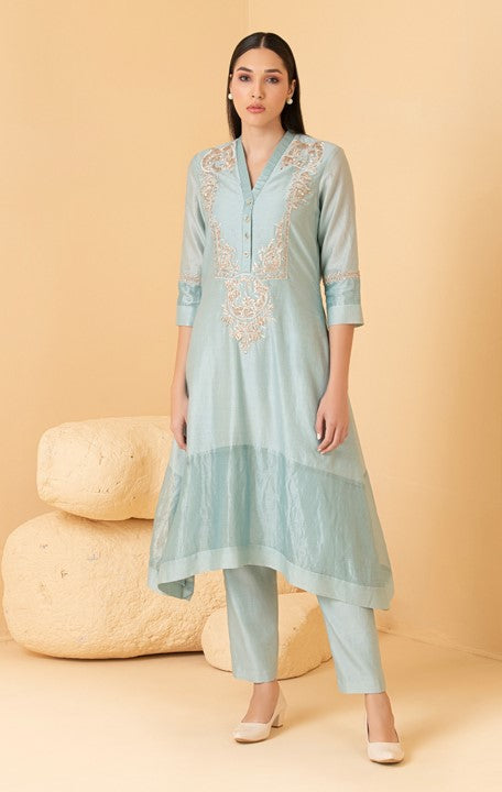 Blue Chanderi Floral Embroidered Asymmetric Tunic With Pant