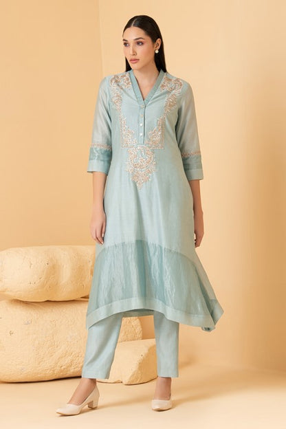 Blue Chanderi Floral Embroidered Asymmetric Tunic With Pant