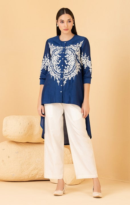 Blue Chanderi Thread Embroidered High Low Top With Palazzo