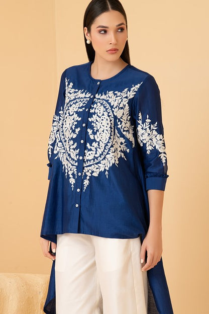 Blue Chanderi Thread Embroidered High Low Top With Palazzo