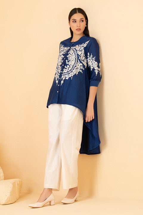 Blue Chanderi Thread Embroidered High Low Top With Palazzo