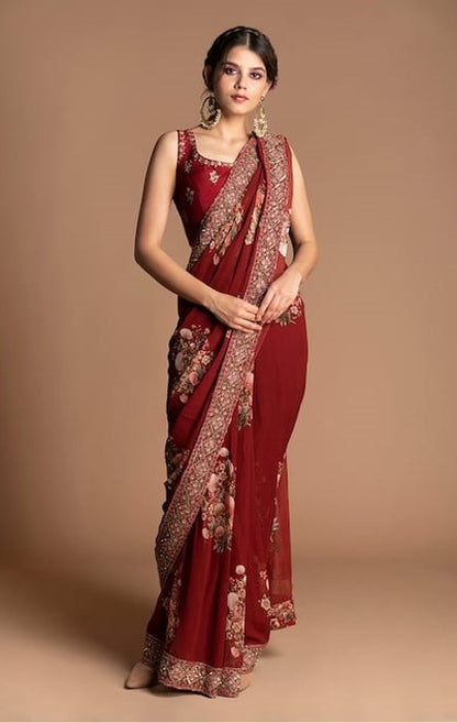 Red Viscose Georgette U Neck Pre-draped Saree With Blouse